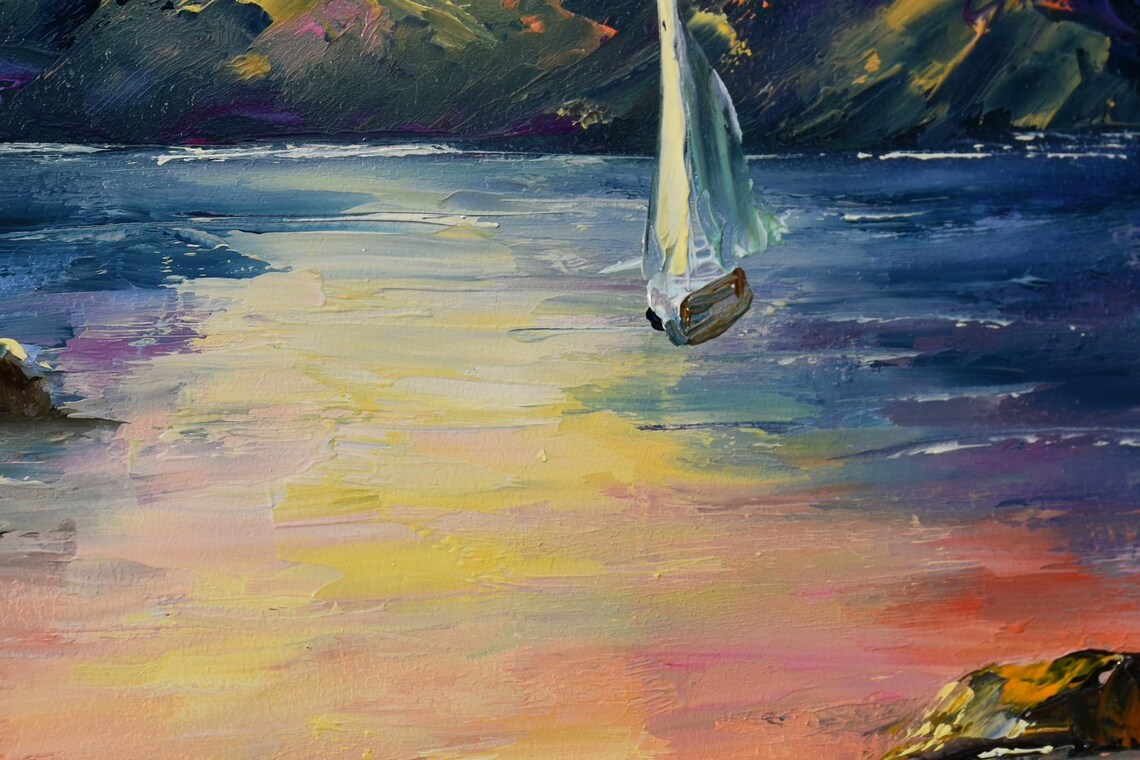 Seascape Artwork Painting Sea Colorful Sunset Sailboat Painting Sailboat Artwork Mediterranean Art Tropical Painting Lagoon Beach Art Sunse - Image 2