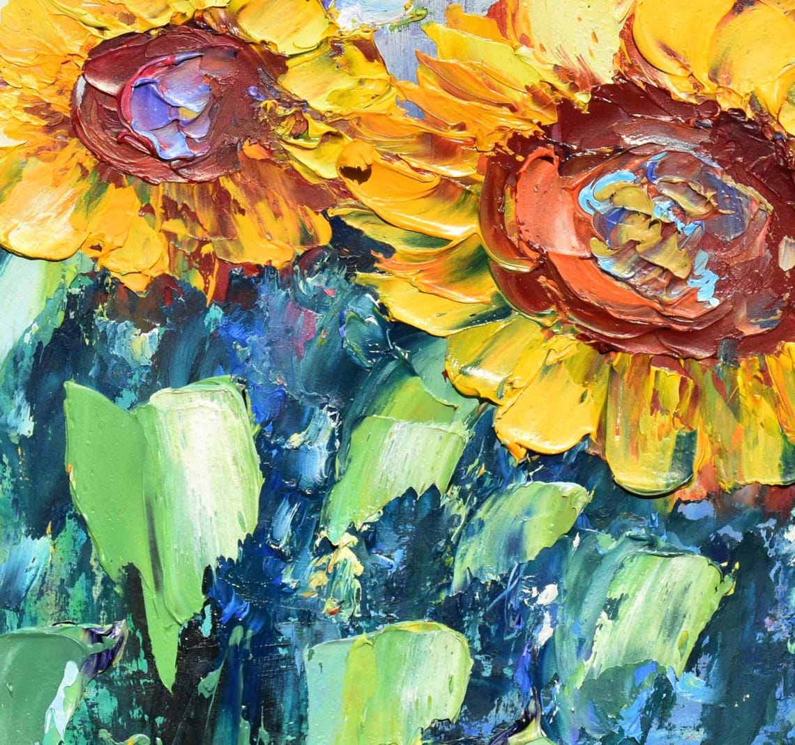 Sunflower Bouquet Blue Delphinium Impasto Floral Still Life Poster - Image 3