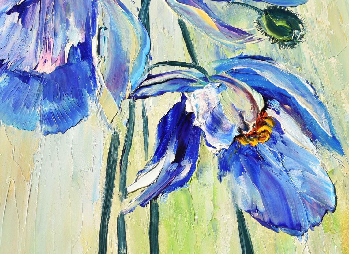 Blue Poppies Painting Poppy Oil Painting Landscape Painting Blue Flowers Art Floral Original Art Poppies Impasto Flower Artwork Original Art - Image 2