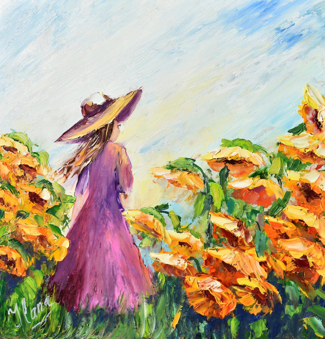 Summer Landscape Girl With Flower Art Landscape Painting Sunflower Painting Woman Painting Landscape Flowers Impasto Oil Painting Sunflowers