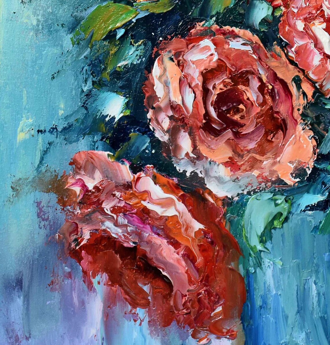 Coral Pink Roses Close Up Bloom Impasto Oil Painting Floral Poster - Image 4