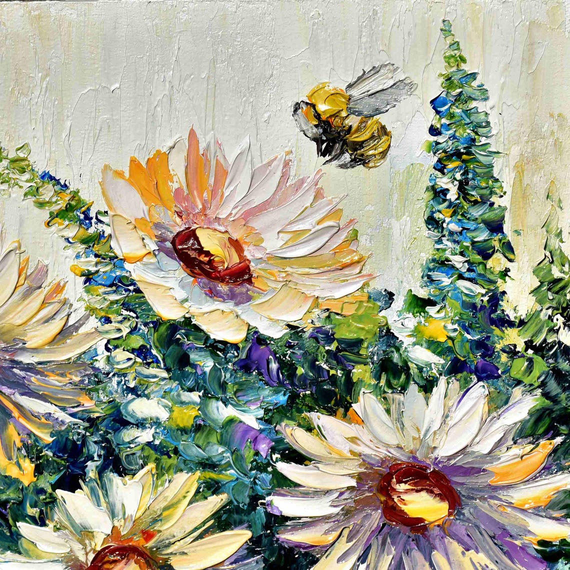 Honey Bee Art Floral Wall Art White Flower Art Bee Wall Art Meadow Landscape Art Impasto Oil Painting Summer Landscape Art Painting Flower - Image 3