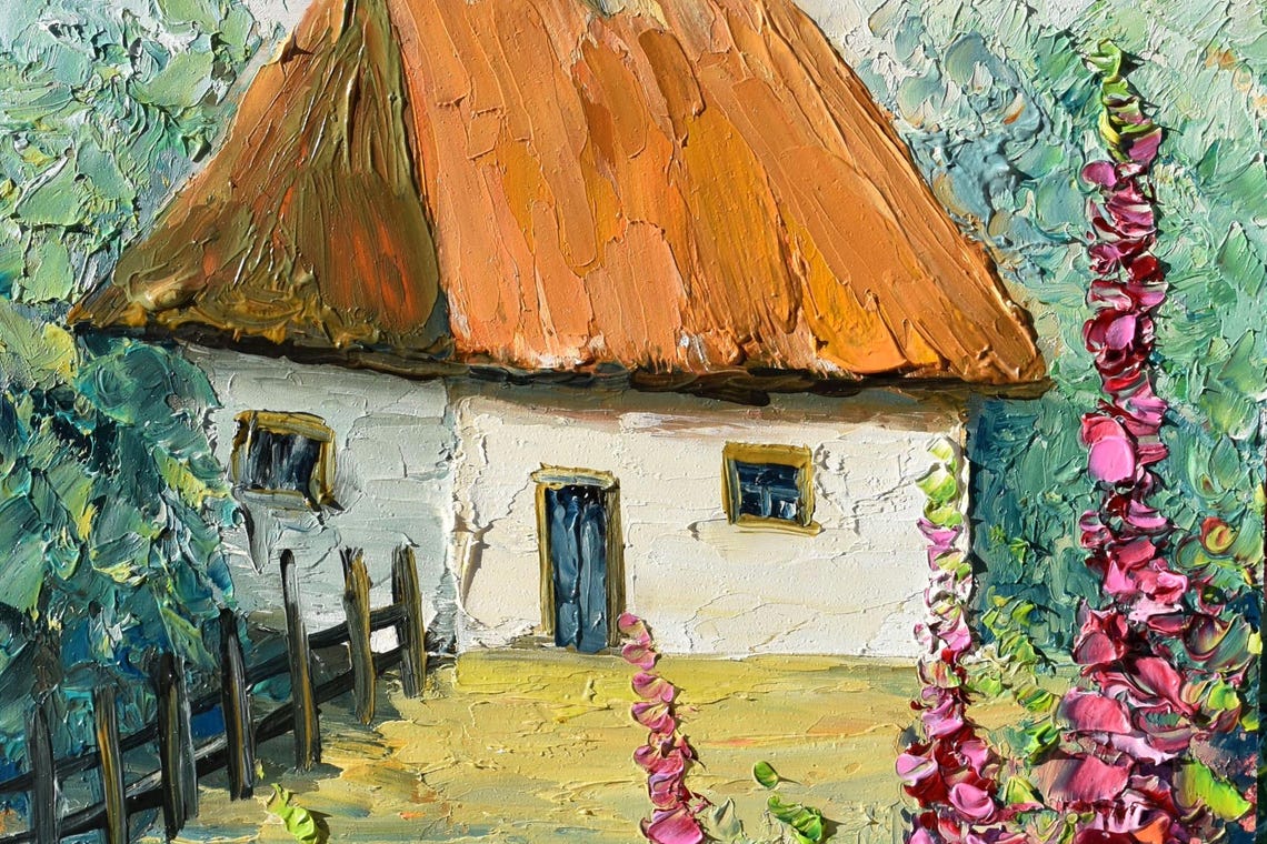 Ukrainian Art Ukrainian House Summer Landscape Art Impasto Flowers Wall Art Garden Flowers Art Ukrainian House Art Textured Painting Summer - Image 3