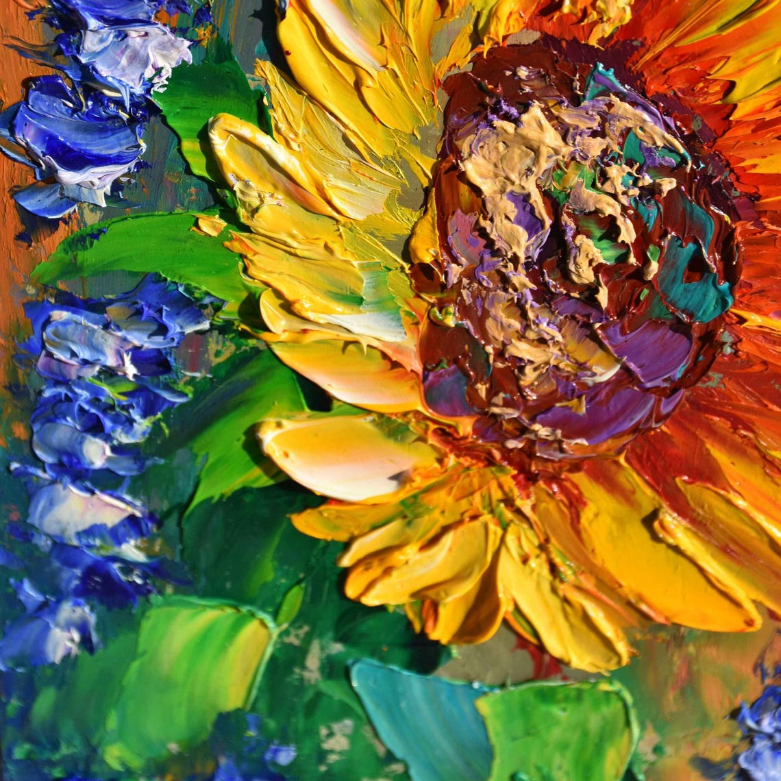 Sunflowers Painting Small Wall Art Impasto Knife Oil Landscape Meadow Floral Oil Painting Purple Flowers Art Colorful Painting Summer Flower - Image 3