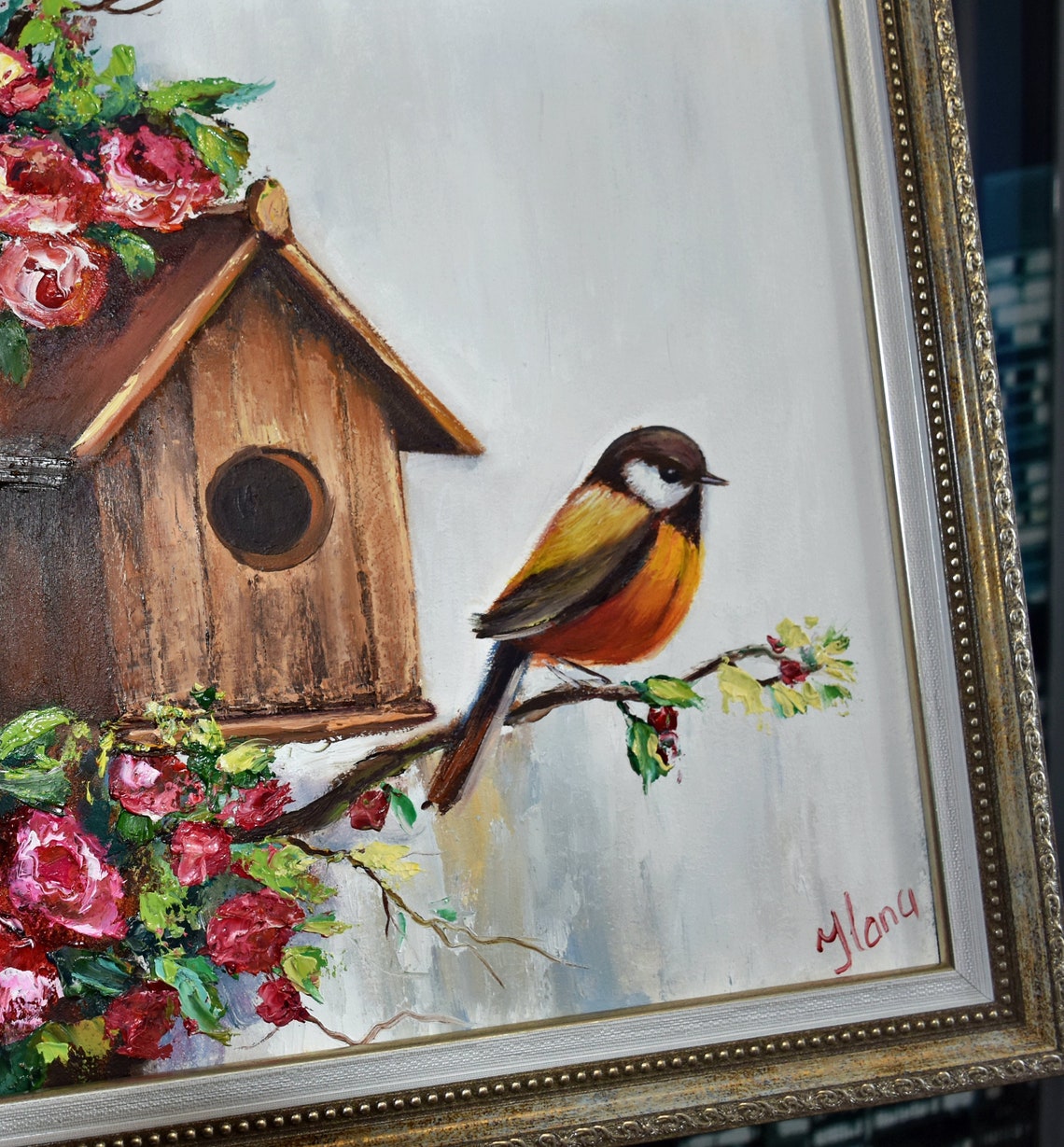 Bird Oil Painting Birds Art Oil Art Bird Artwork Bird Wall Art Home Decor Modern Birds Painting Art Bird Painting 12x12 Art Birds Flowers - Image 3