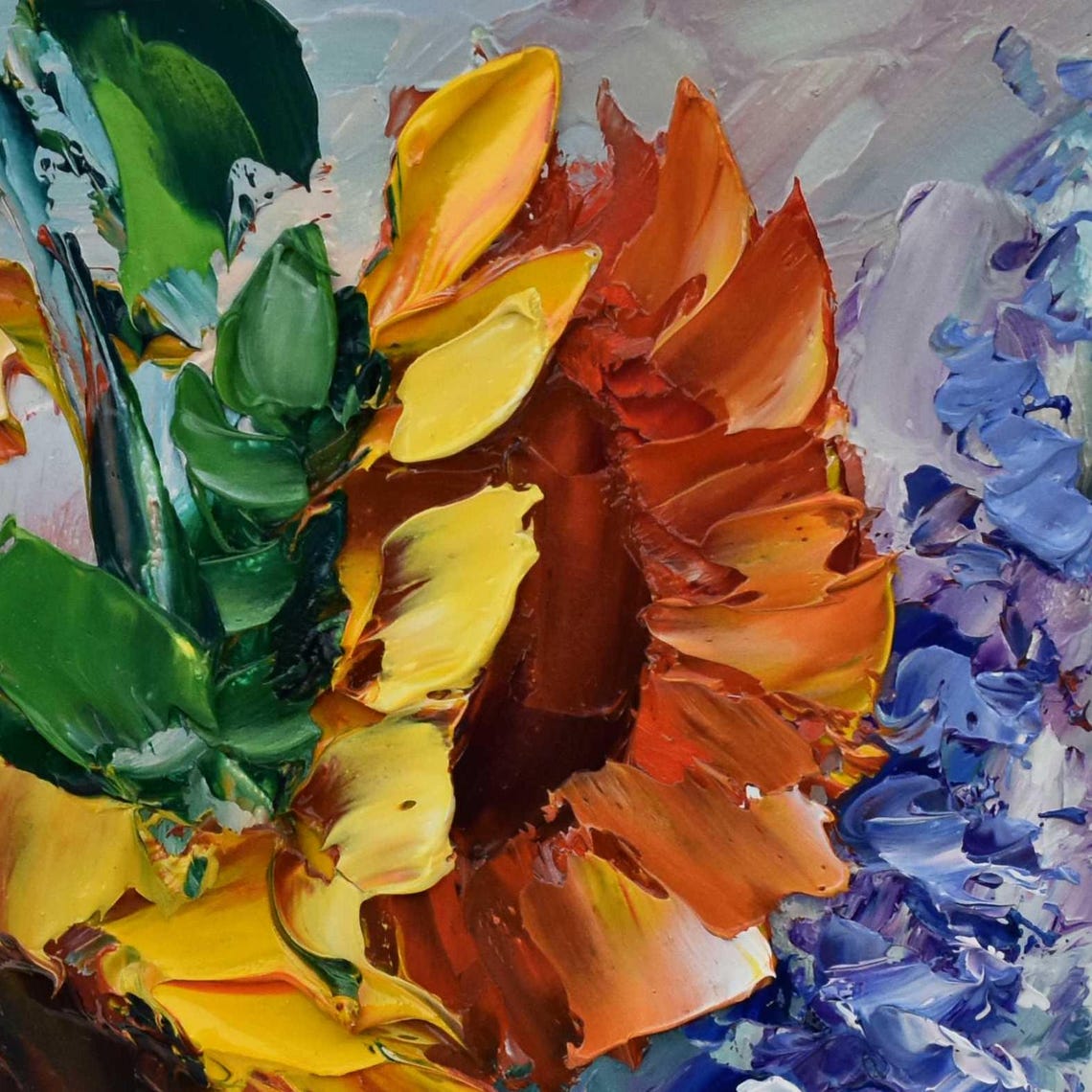Mini Sunflower Blossom Close Up Purple Accent Impasto Painting Poster - Image 5