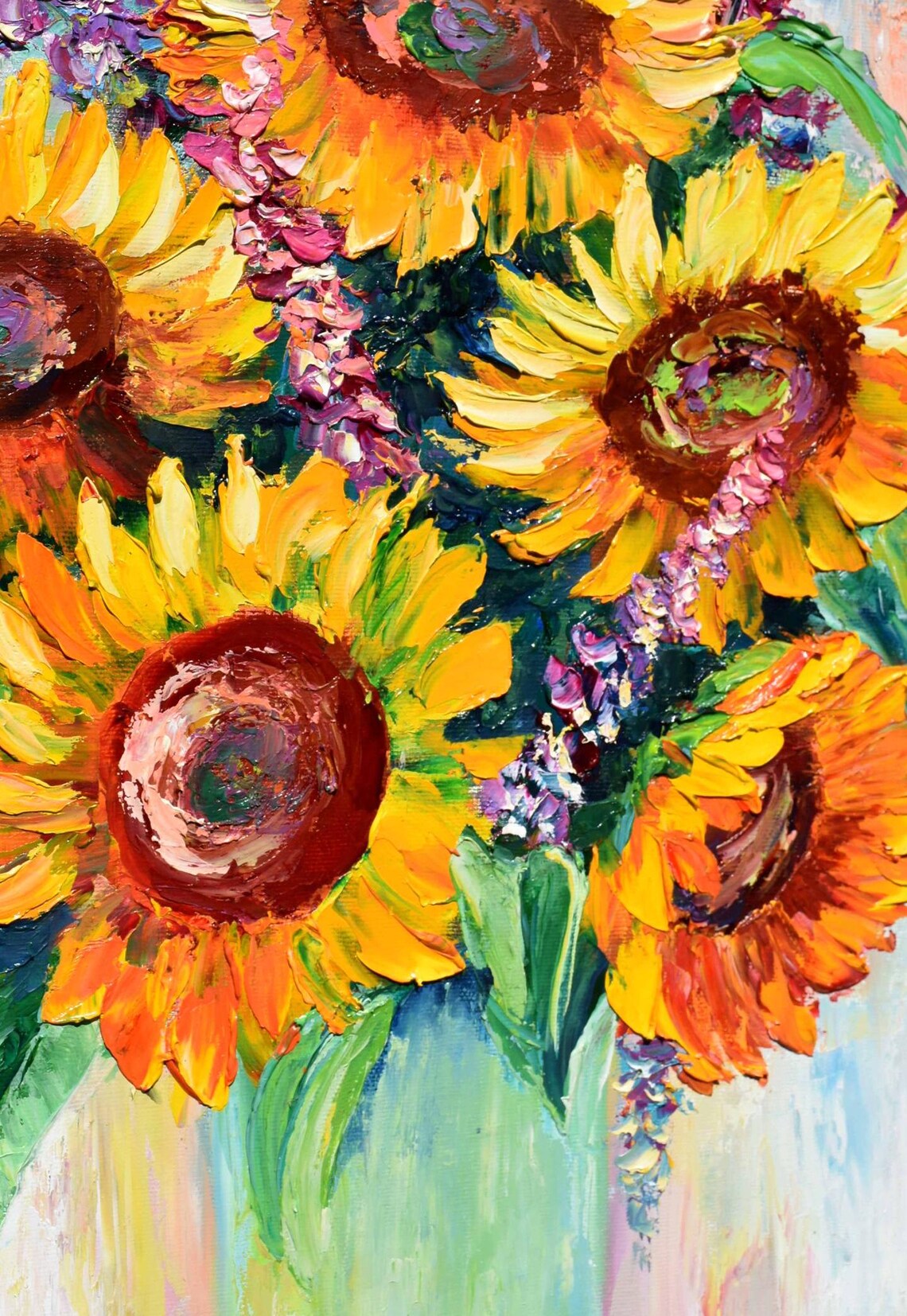 Sunflowers With Purple Lupins Bouquet Blooming Floral Oil Art Poster - Image 5