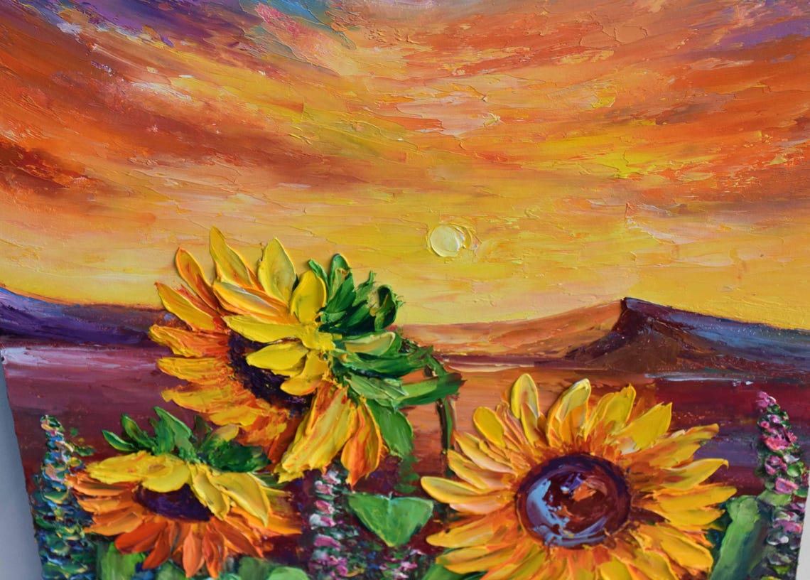 Sunflowers Painting Landscape Painting Colorful Sunset Art Sunflowers Landscape Flower Painting Impasto Oil Painting Sunflower Art Summer - Image 2
