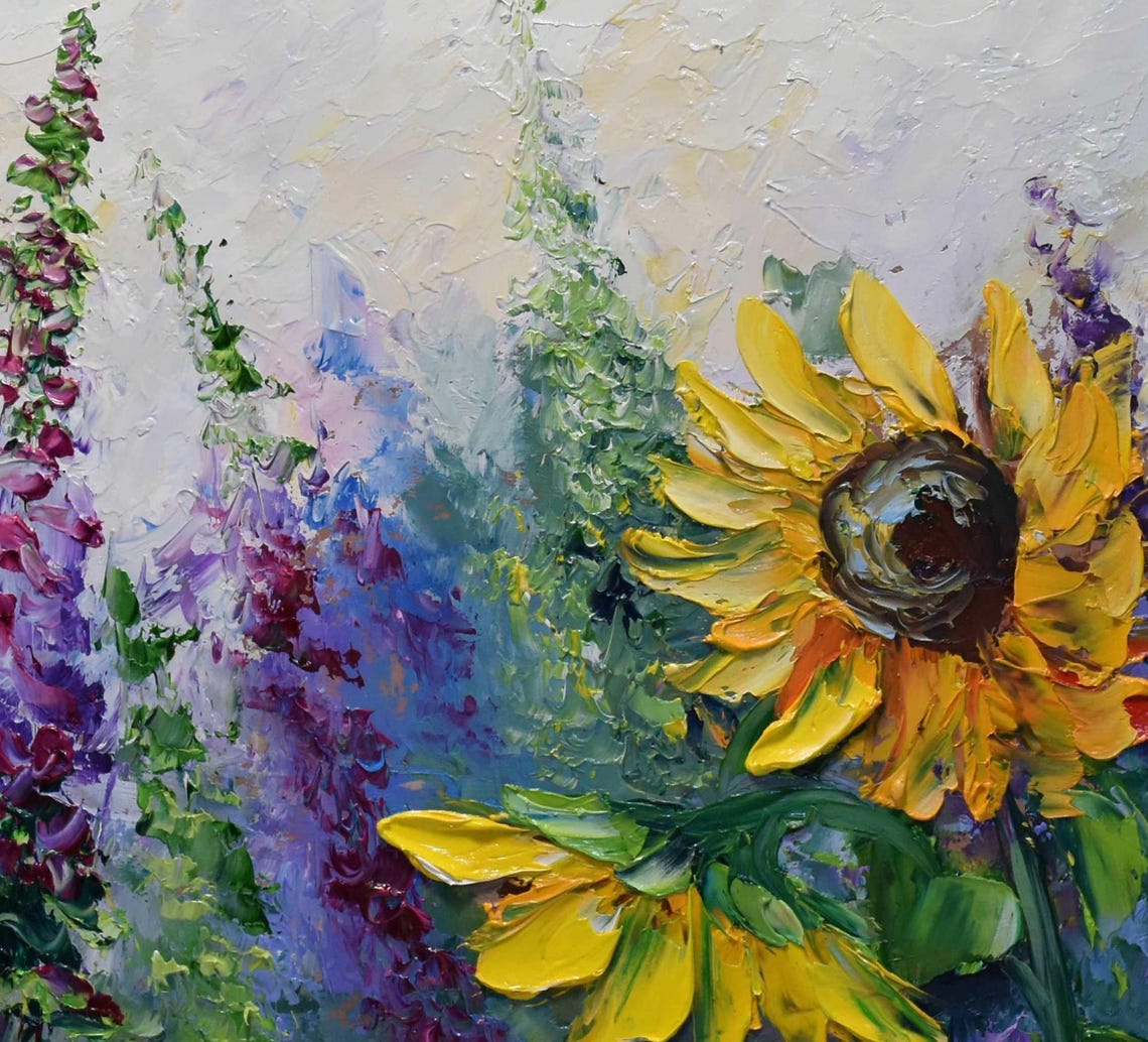 Sunflower Painting Sunflower Art Sunflower Room Decor Summer Landscape Art Yellow Flower Art Original Art Flower Oil Painting Textured Wall - Image 2