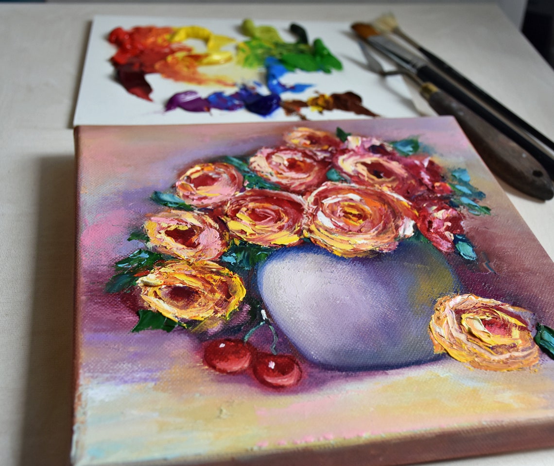 Pink Yellow Roses Pale Vase Cherries Impasto Mini Oil Painting Poster - Image 3
