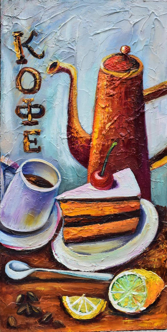 Painting Of Coffee Cup Coffee Painting Coffee Artwork Cake Painting 3d Painting Coffee Cherry On The Cake Art Minimalist Bar Art Still Life