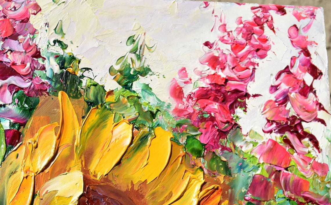 Sunflowers Oil Art Small Wall Art Sunflowers Flowers Purple Lupins Art Floral Artwork Palette Knife Art Wildflowers Art Small Painting Sunfl - Image 2