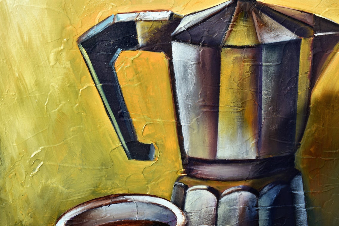 Moka Pot Coffee Cup Red Chili Peppers Impasto Still Life Poster - Image 4