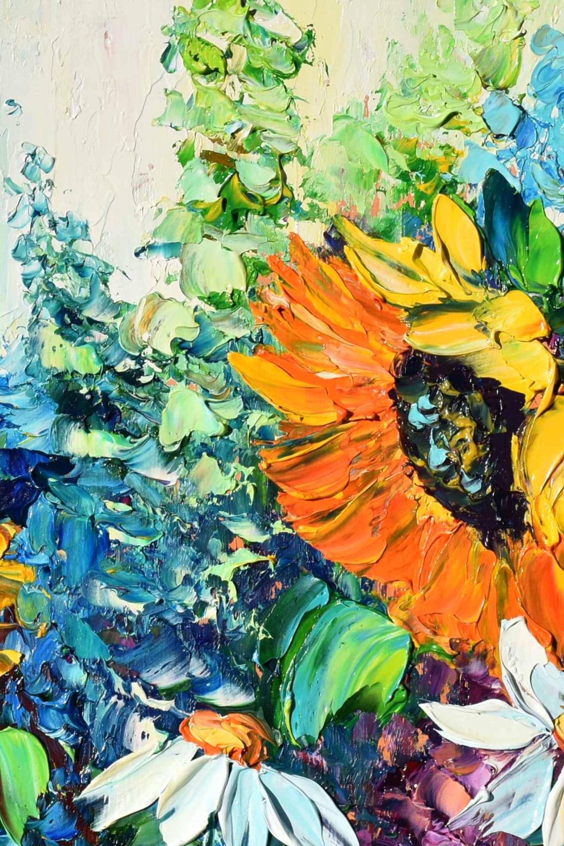 Sunflower Painting Landscape Painting Blue Flowers Art Sunflower Art Purple Wildflowers Art Meadow Flowers Art Flower Oil Painting Textured - Image 2