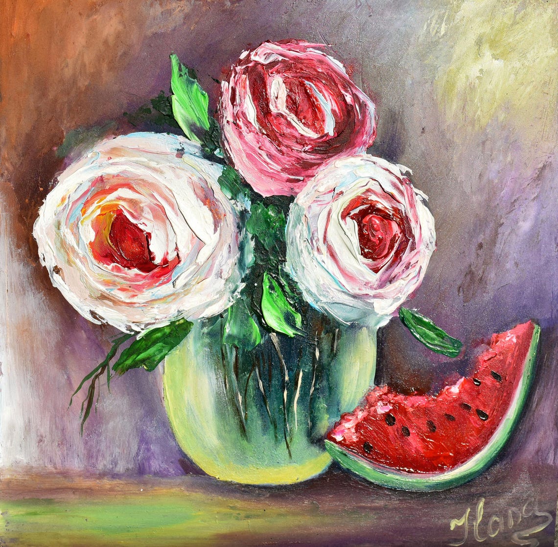 Pink Roses Art Small Wall Art Still Life Painting Pink Floral Wall Art Roses In A Glass Vase Kitchen Still Life Floral Oil Painting Food