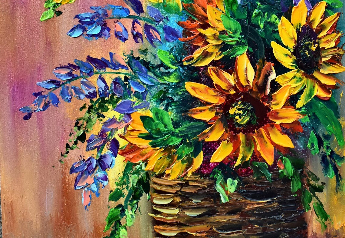 Sunflower Painting Blue Flower Art Sunflower Wall Art Original Art Sunflower Art Flower Art Impasto Painting Sunflowers Painting Still Life