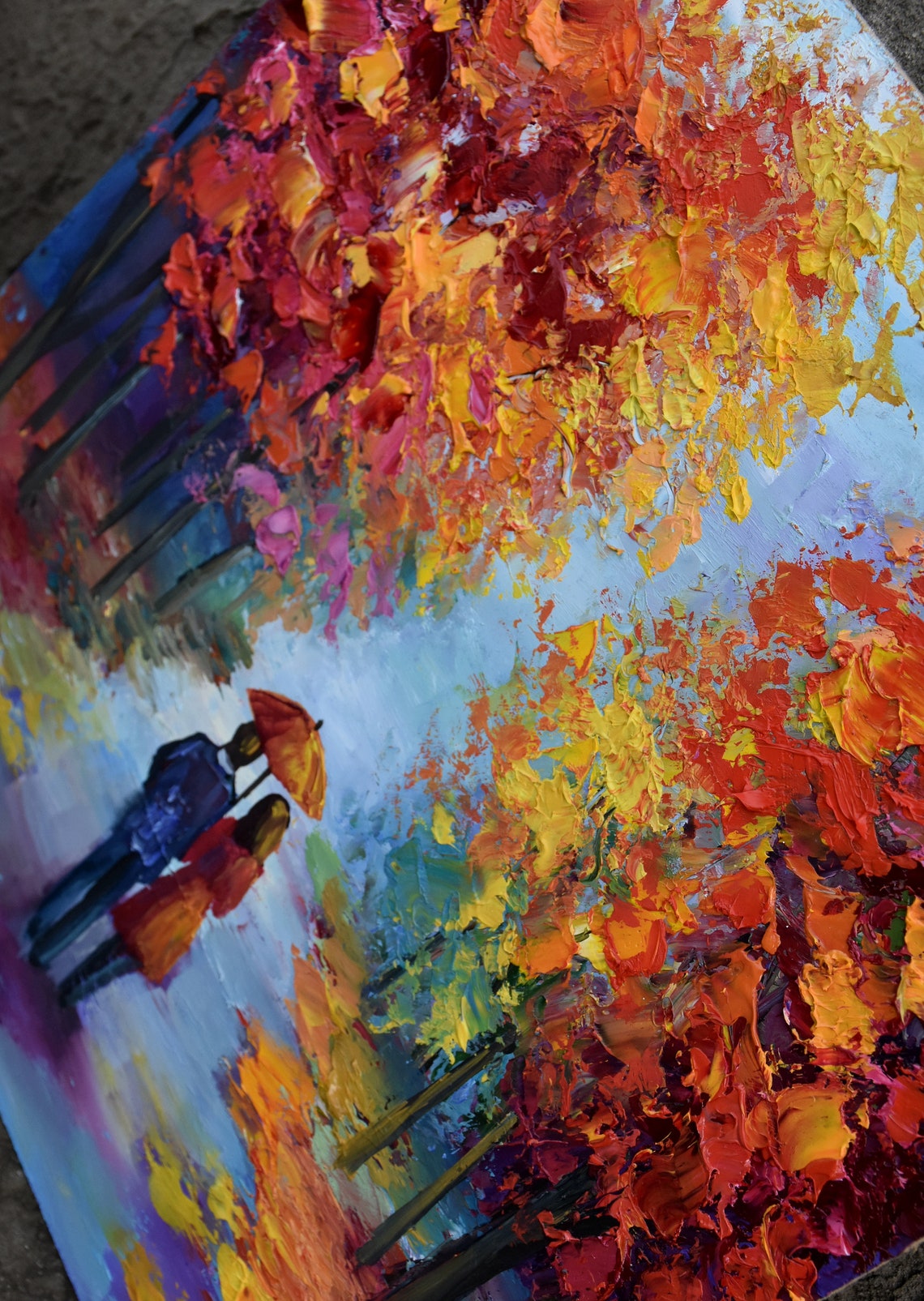 Autumn Painting Landscape Painting Park Painting Umbrella Art Painting People Red Umbrella Art Urban Painting In Love Art Romantic Landscape - Image 2