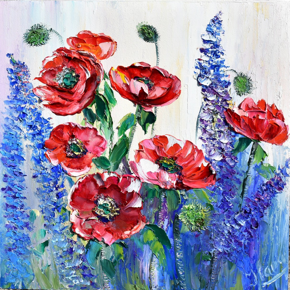 Red Poppy Painting Poppy Oil Painting Landscape Painting Purple Lupins Art Meadow Painting Poppies Impasto Flower Artwork Poppy Painting