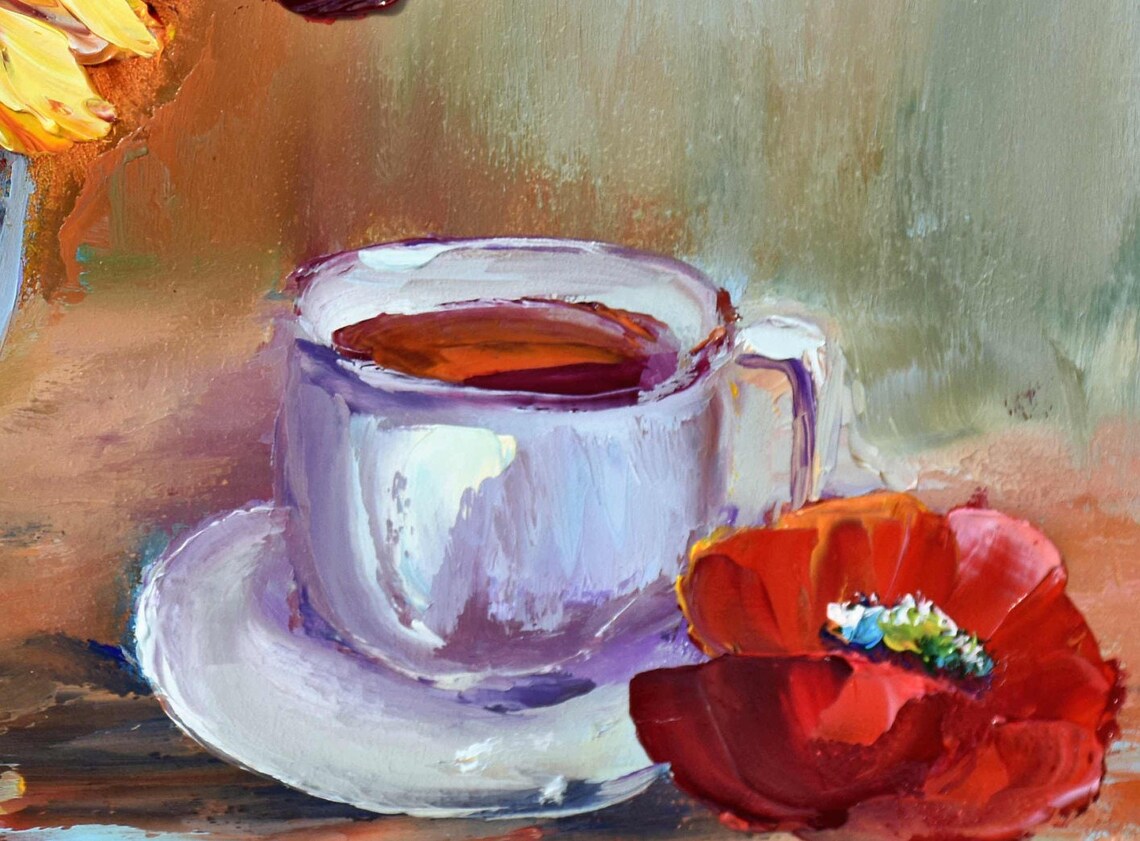 Sunflowers and Red Poppies in Green Vase with Teacup Still Life Print - Image 2