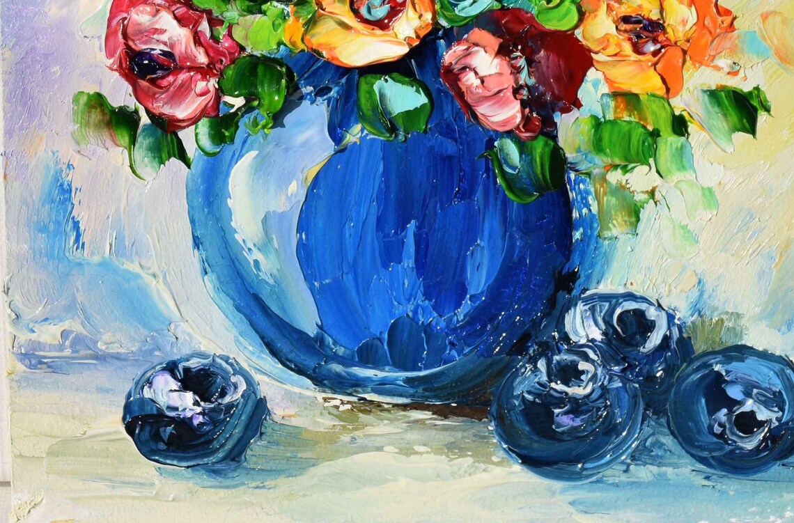 Blue Flowers Bouquet In Vase Impasto Oil Painting Still Life Wall Art - Image 5