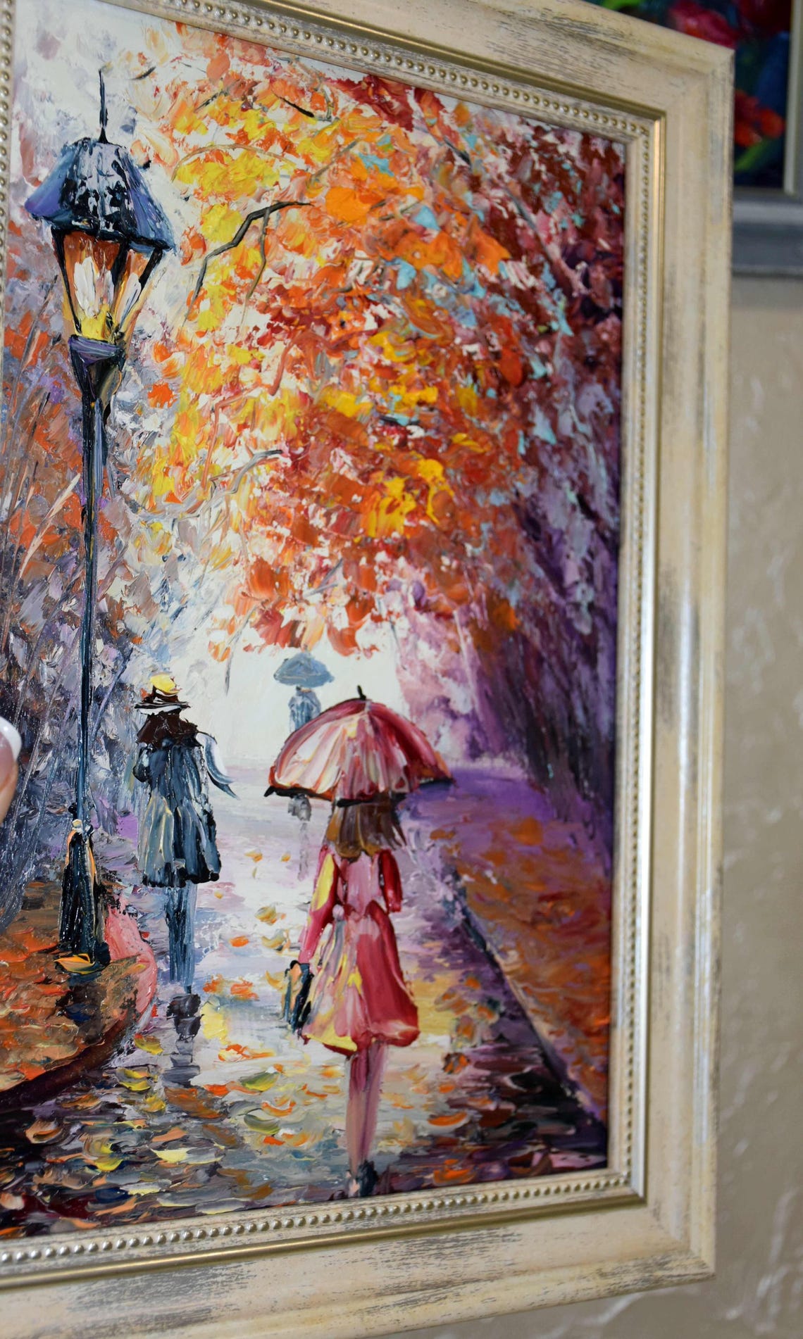Red Umbrella Art Street Painting Girl Painting Woman With Umbrella Cityscape Art Girl On Street Art Cityscape Painting Small Painting Orig - Image 2