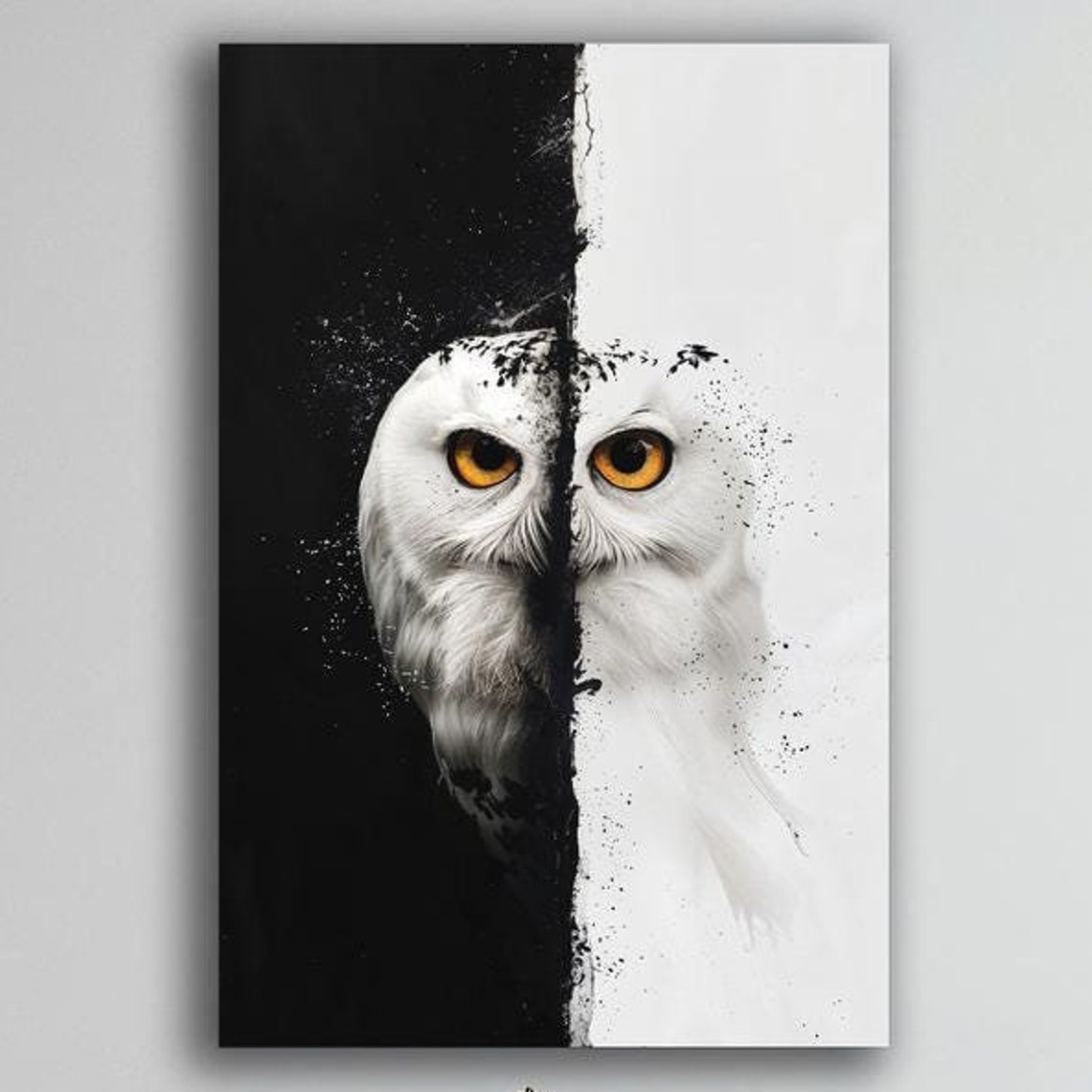 Snowy Owl Black White Split Background Abstract Wildlife Poster