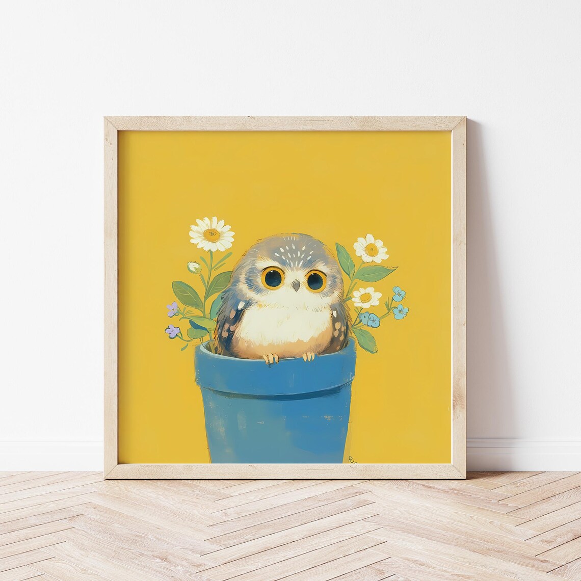 Baby Owl in Blue Flower Pot with Daisies Yellow Nursery Wall Poster