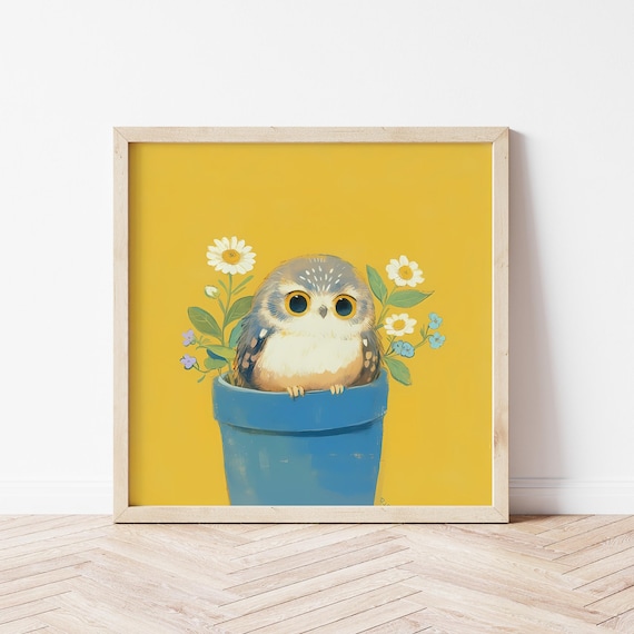Baby Owl in Blue Flower Pot with Daisies Yellow Nursery Wall Poster
