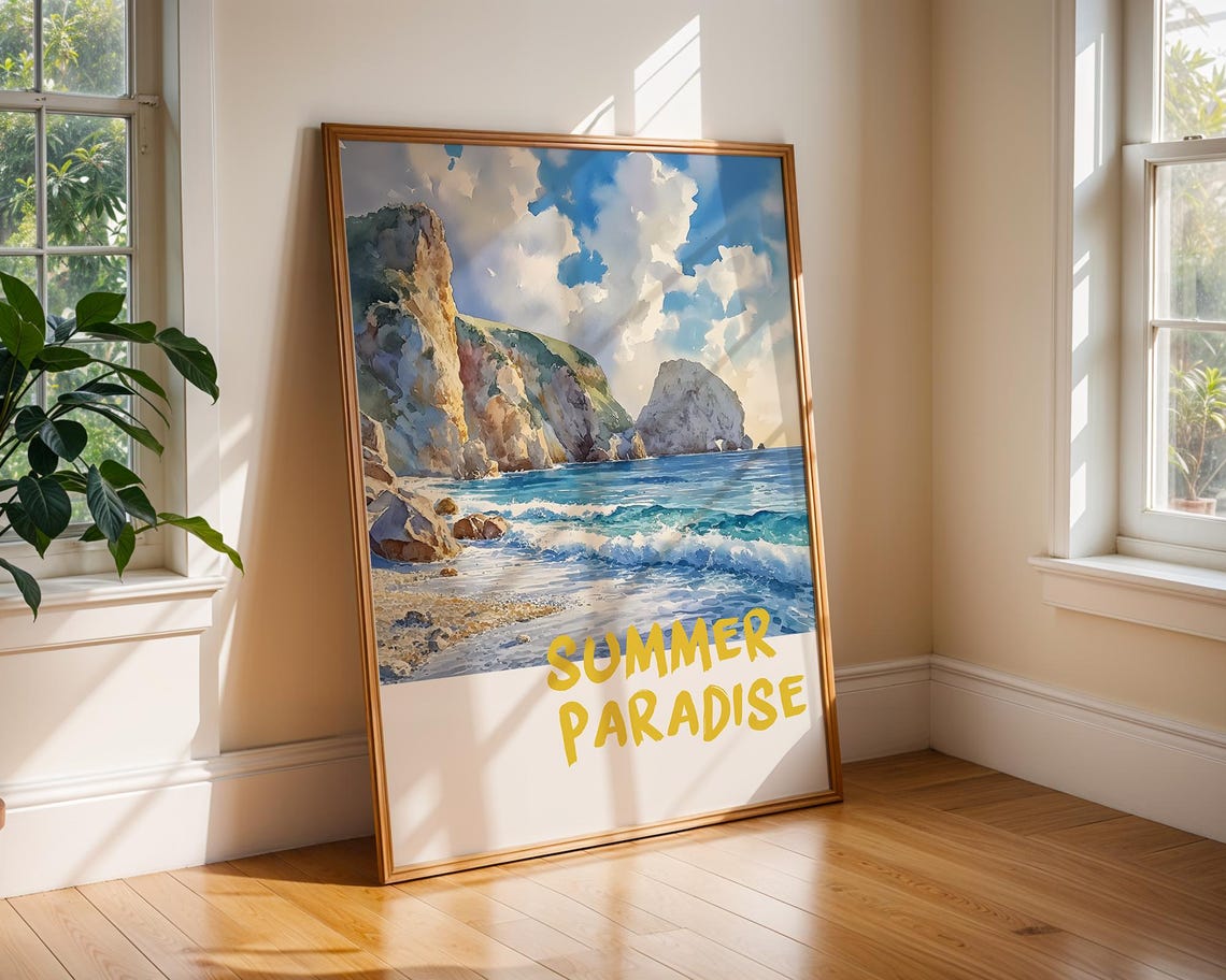 Summer Paradise Coastal Cliffs Watercolor Ocean Beach Scene Poster