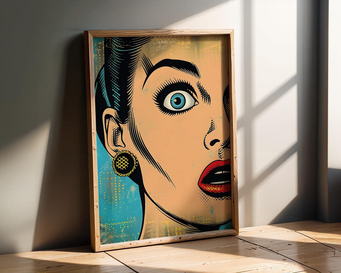 Pop Art Surprised Woman Closeup Retro Comic Style Wall Poster