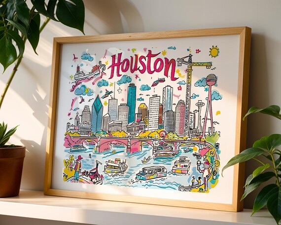 Houston Texas Colorful Doodle Cityscape Energetic Skyline Poster