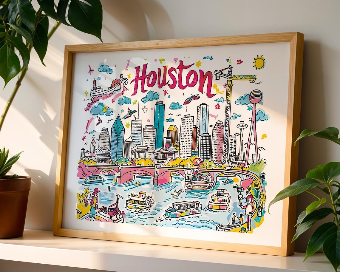 Houston Texas Colorful Doodle Cityscape Energetic Skyline Poster