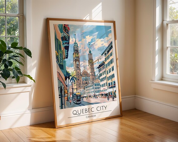 Quebec City Canada Cathedral Street Scene Illustrated Poster