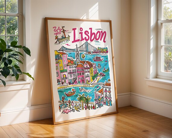 Lisbon Portugal Colorful Doodle Cityscape Hand Drawn Travel Poster