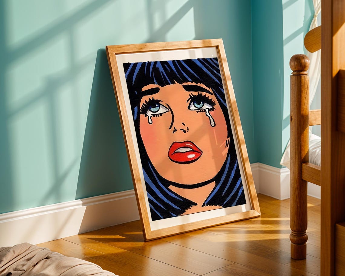 Crying Girl Retro Pop Art Poster With Red Lips Blue Eyes Vintage