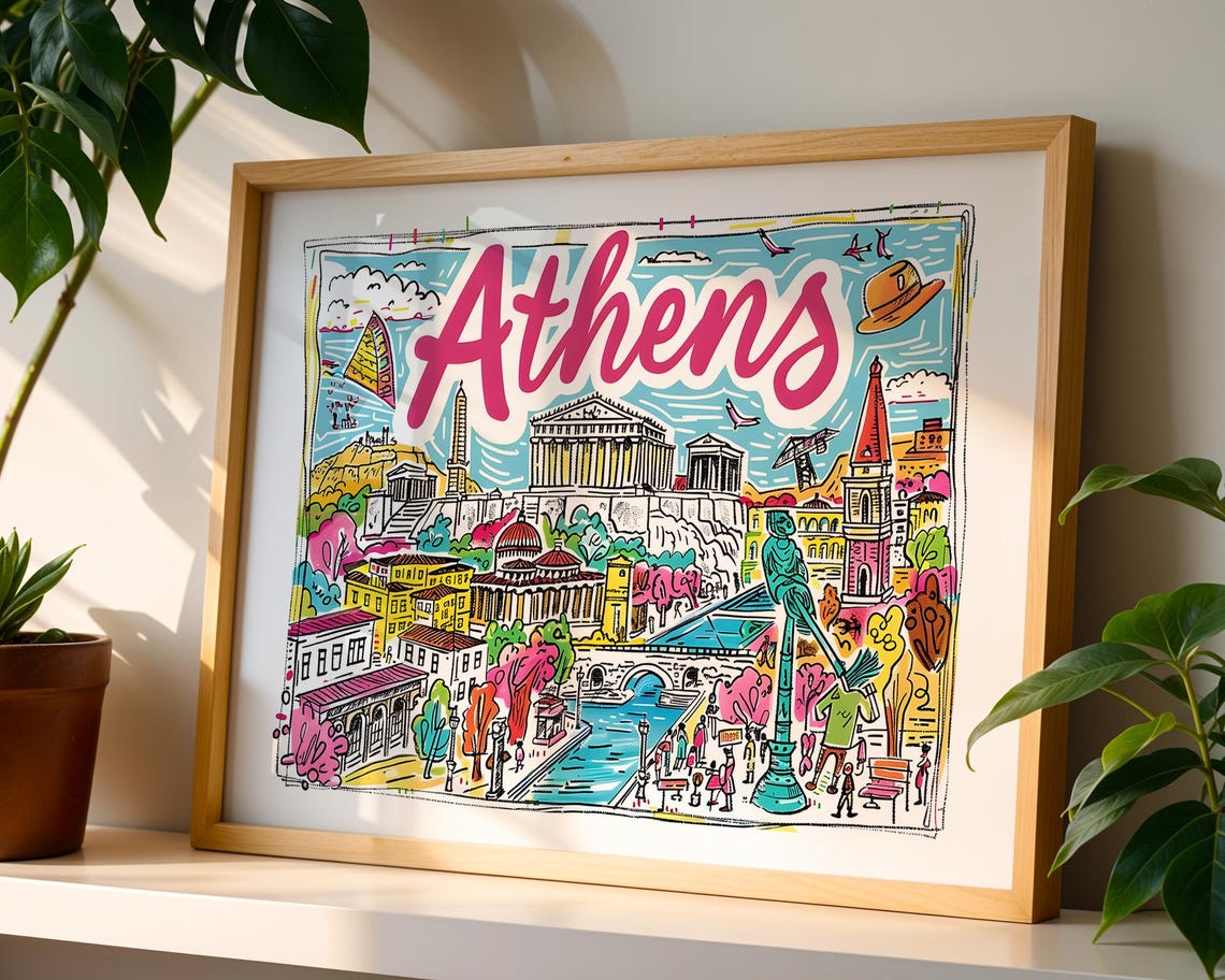 Athens Greece Colourful Illustrated Parthenon Ancient City Art Poster