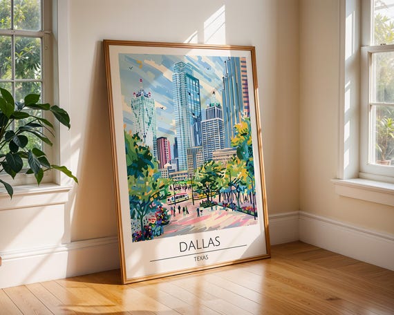 Dallas Texas Skyline Wall Art Print Urban Travel Poster For Kitchen Or Bathroom Modern Decor Colourful Usa City Illustration