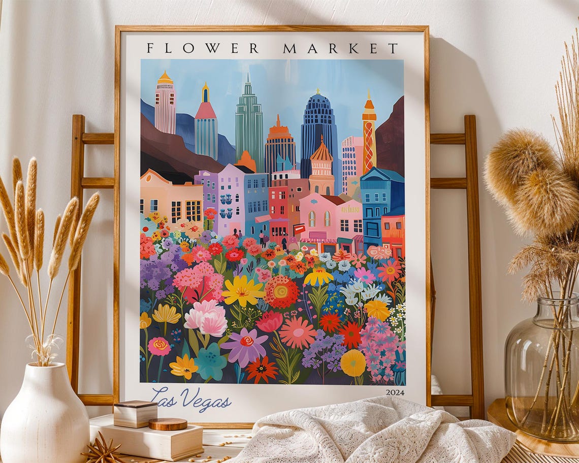 Las Vegas Flower Market Colorful Downtown Skyline 2024 Poster