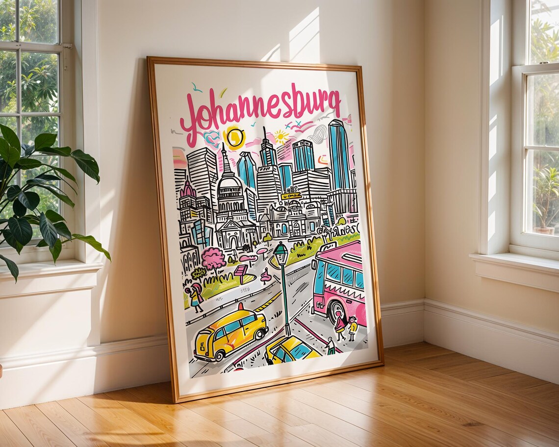 Johannesburg South Africa Colorful City Street Scene Travel Poster