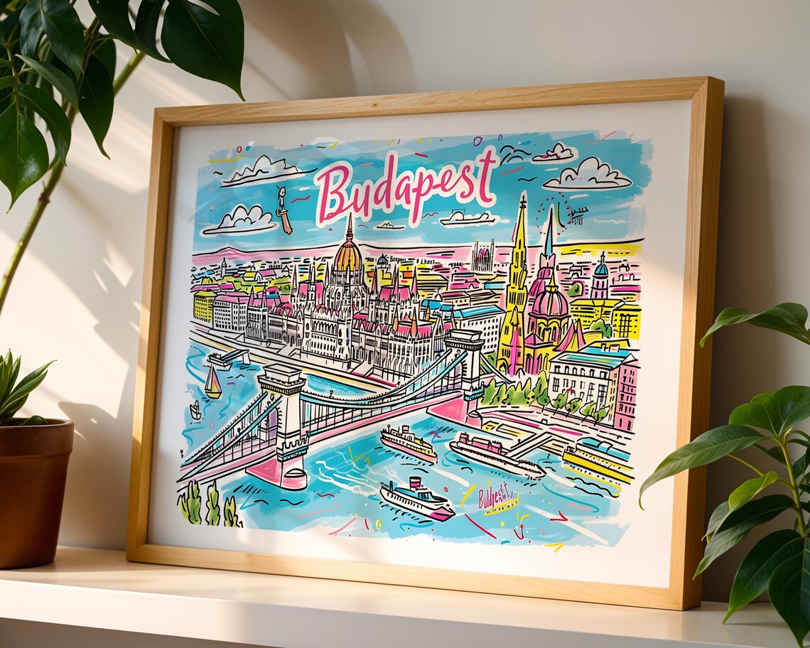 Budapest Hungary Colourful Illustrated Parliament Danube Bridge Poster