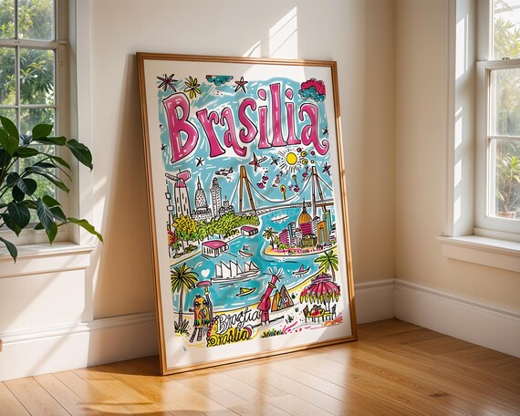 Brasilia Brazil Colorful Illustrated Cityscape Travel Poster