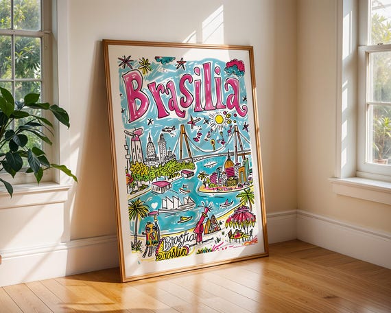 Brasilia Travel Art Print Brazil City Poster Fun Tropical South America Illustration Colourful Wall Decor Braslia Cityscape