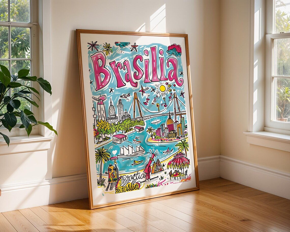 Brasilia Travel Art Print Brazil City Poster Fun Tropical South America Illustration Colourful Wall Decor Braslia Cityscape