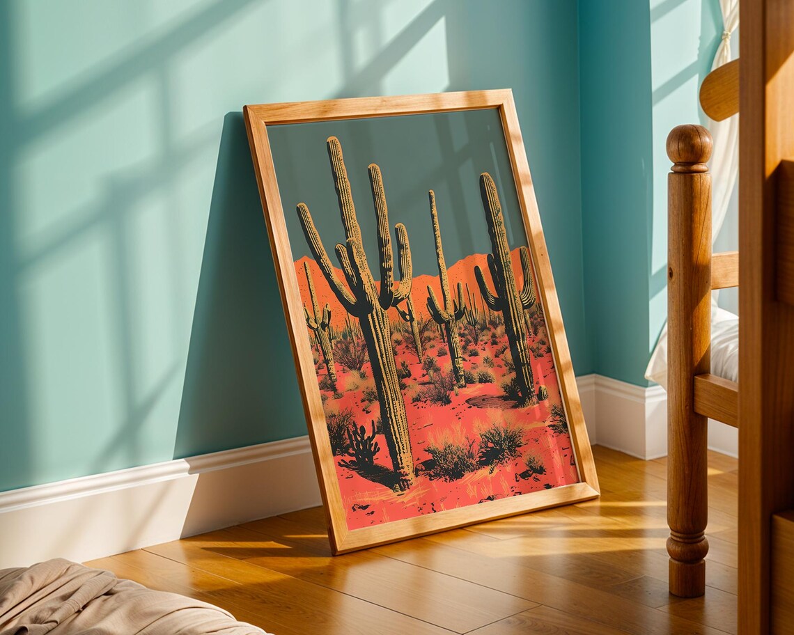 Desert Saguaro Cactus Sunset Landscape Southwest Boho Art Poster