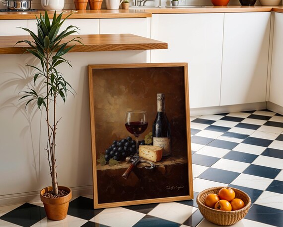 Classic Wine and Cheese Still Life Oil Painting Style Kitchen Poster