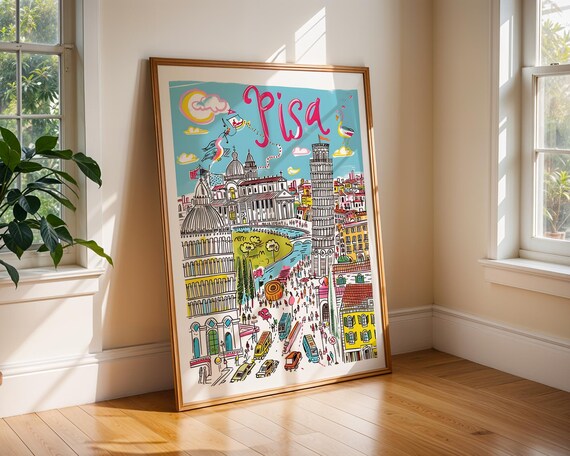 Pisa Italy Leaning Tower Colorful Hand Drawn Travel Illustration Poster