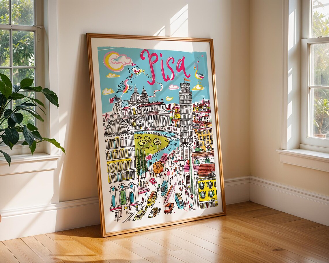 Pisa Italy Leaning Tower Colorful Hand Drawn Travel Illustration Poster