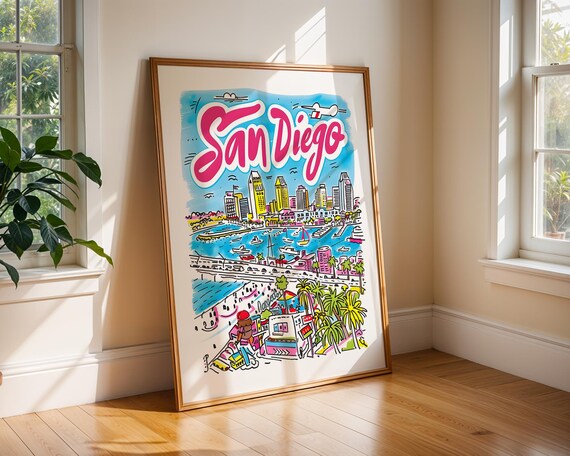 San Diego California Handdrawn Colourful Bay Skyline Travel Poster