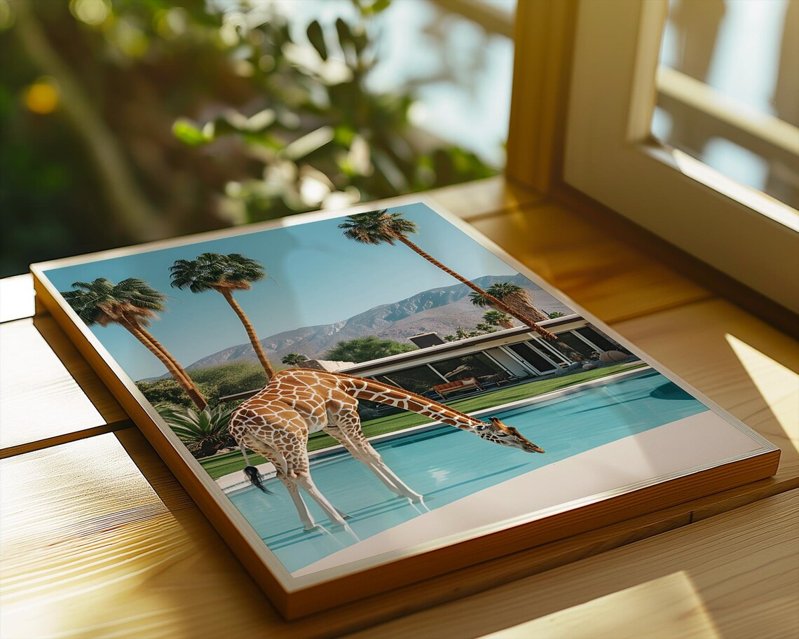Giraffe By Pool Retro Palm Springs Animal Art Print