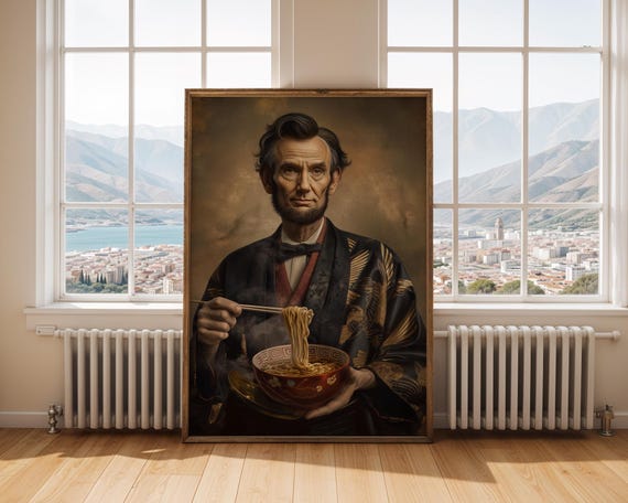 Abraham Lincoln Ramen Portrait Funny History Buff Gift Quirky Japanese Kimono Wall Art Presidential Noodle Print For Home Decor